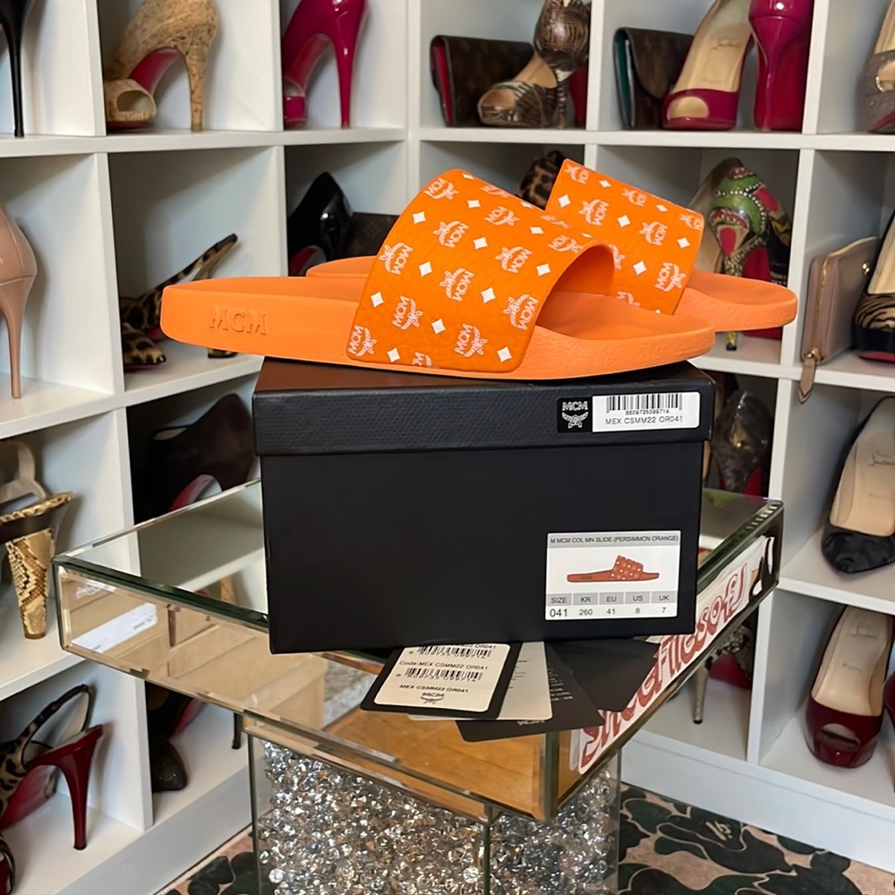 MCM Monogram Pool Slides RARE Persimmon/White Colorway - 41